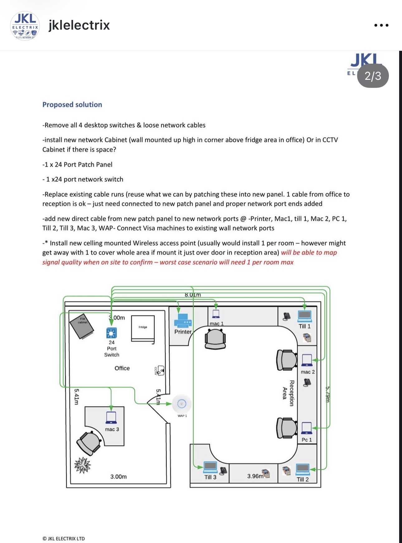 JKL Electrix proposed network solution drawing for Saint Patrick Centre showing new comms cabinet, 24-port switch, patch panel and ceiling-mounted access point