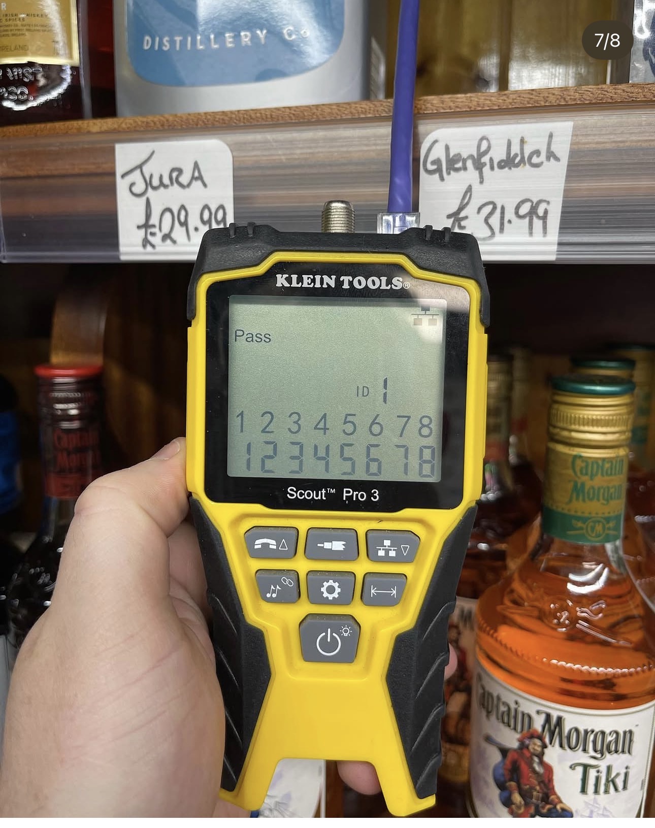 Klein Tools Scout Pro 3 cable tester showing a Pass result on a newly terminated Cat6 network cable