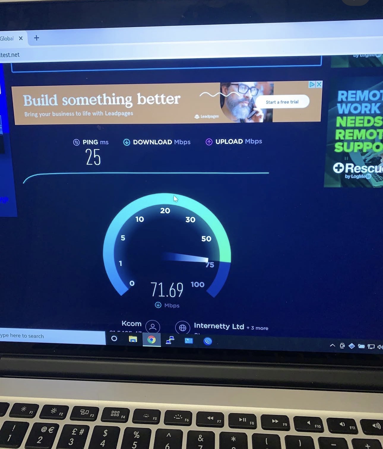 Speed test showing 71.69 Mbps download after JKL Electrix rebuilt the network — up from 7.5 Mbps