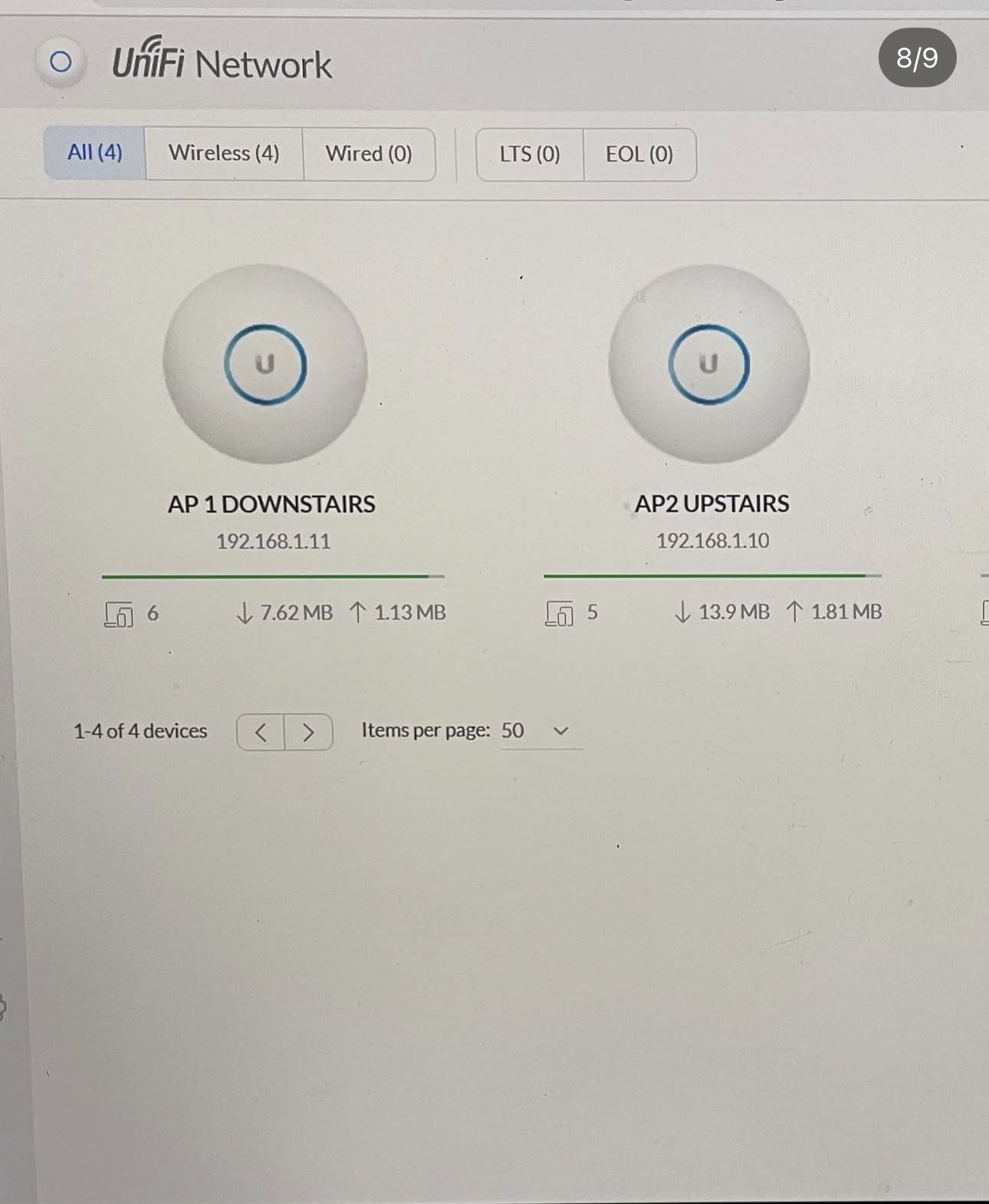 UniFi Network dashboard showing AP 1 Downstairs and AP 2 Upstairs enterprise access points online at Saint Patrick Centre
