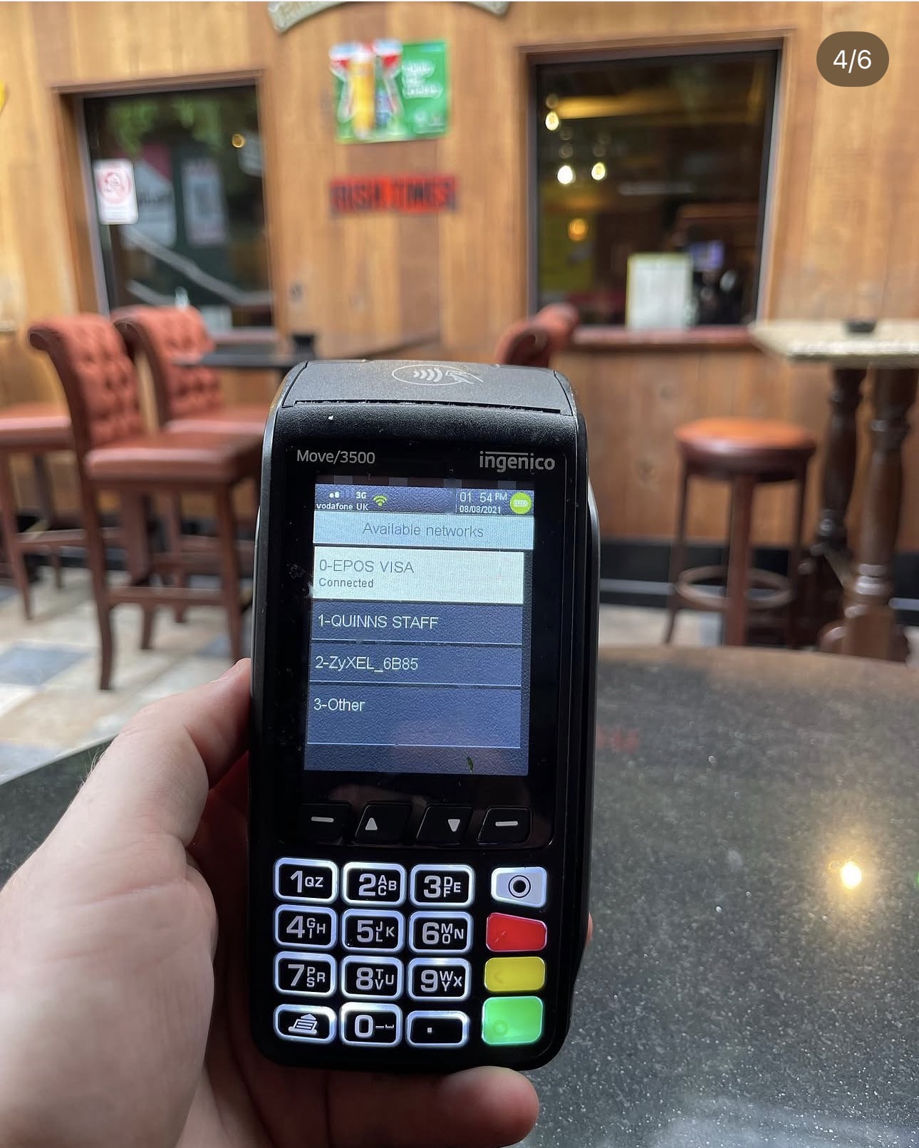 Ingenico Move/3500 card payment terminal connected to the new EPOS Wi-Fi network at Quinn's Bar